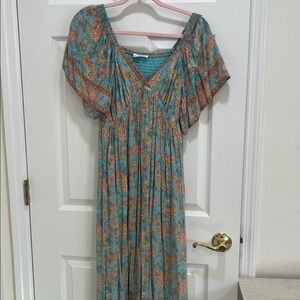 In Bloom Teal and Peach Smocked Dress